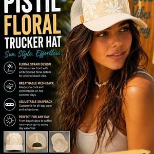 Pistil Floral Trucker Hat Women's Cream Straw Mesh Snapback Summer Beach Boho